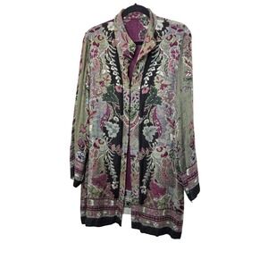 Floral Tapestry Long Jacket Bohemian Festival Green & Burgundy Lightweight XL